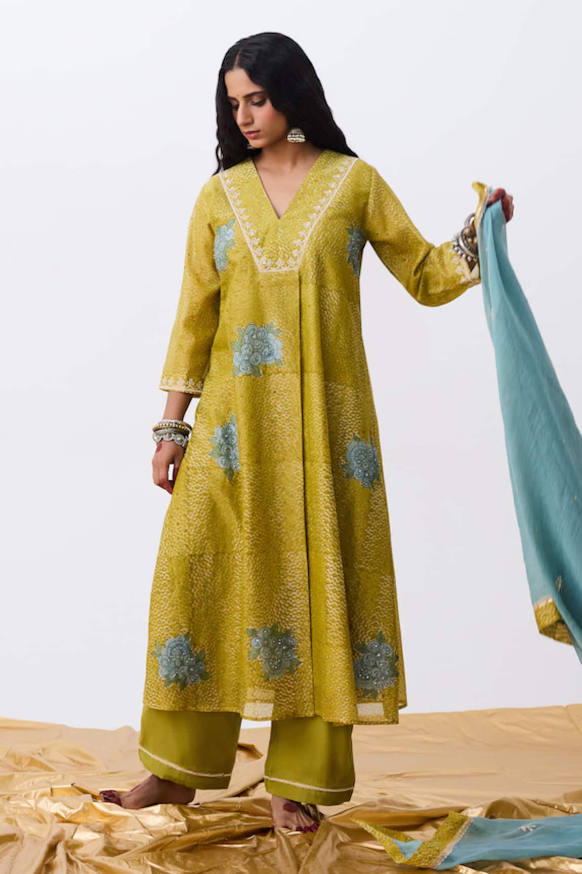 Pants And Pajamas Green Embroidered Pant 