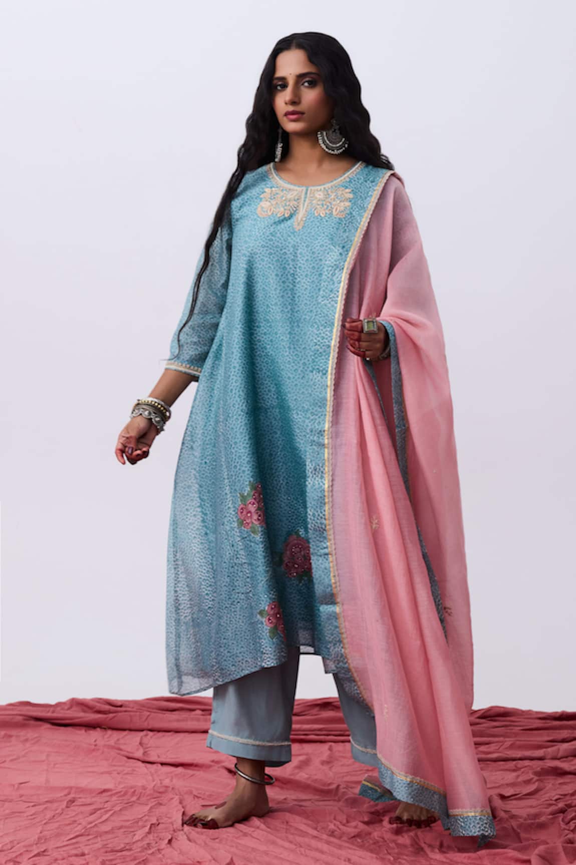 Pants And Pajamas Blue Cotton Silk Kurta Pant Set 
