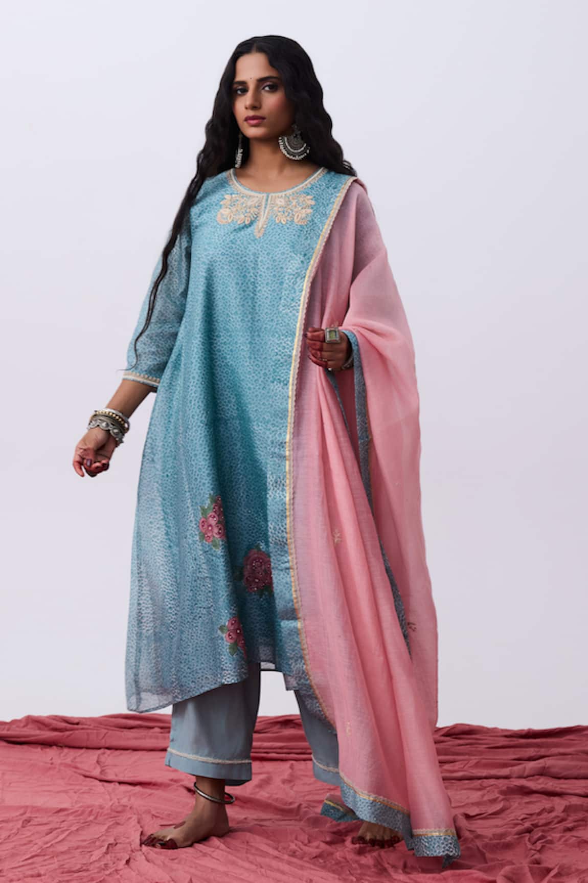Pants And Pajamas Blue Floral Embroidered Kurta 