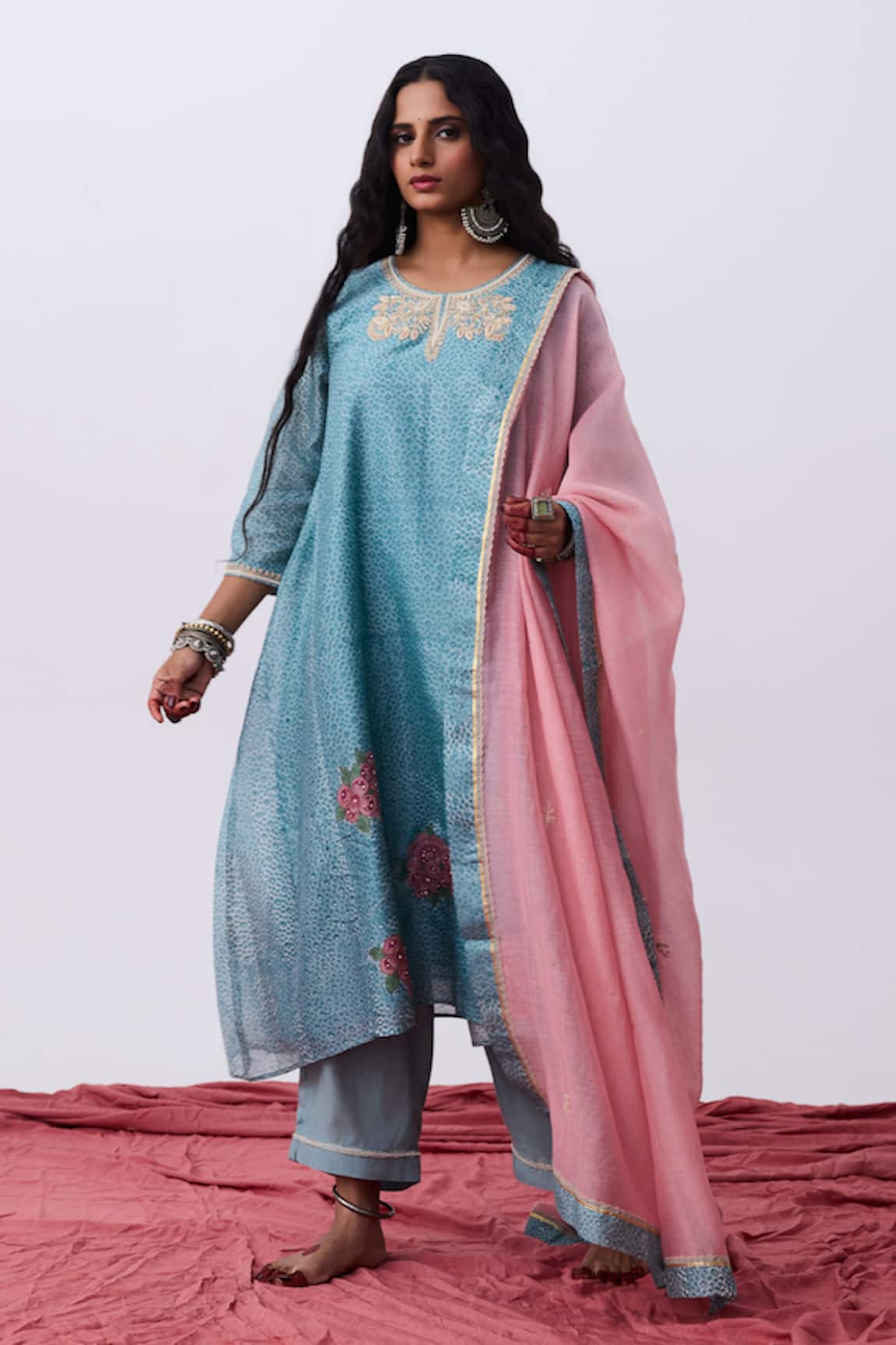 Pants And Pajamas Designer Blue Cotton Silk Pant 