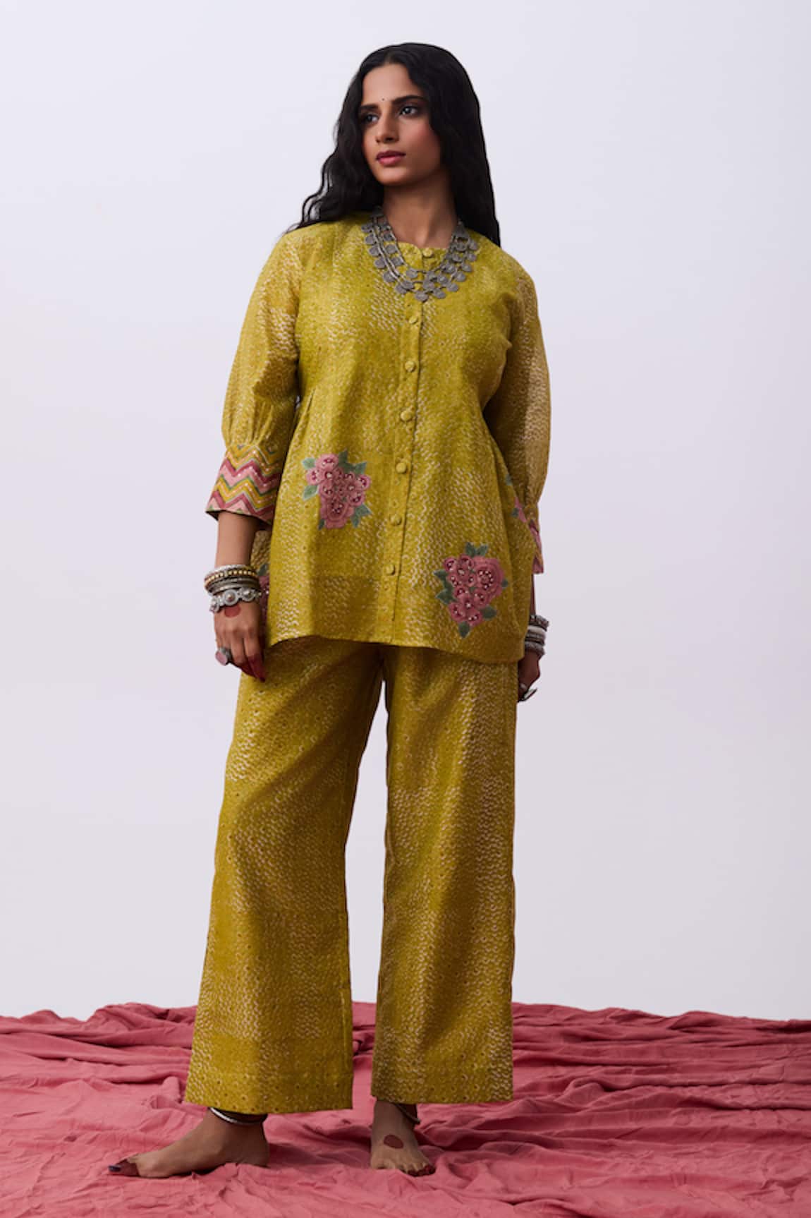 Pants And Pajamas Chanderi Floral Embroidered Top & Pant Set 