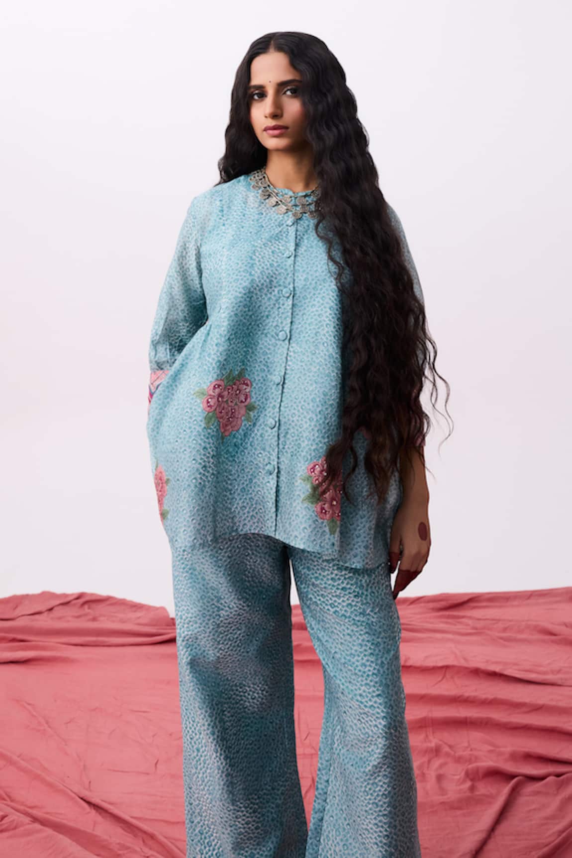 Pants And Pajamas Blue Chanderi Embroidered Pant 