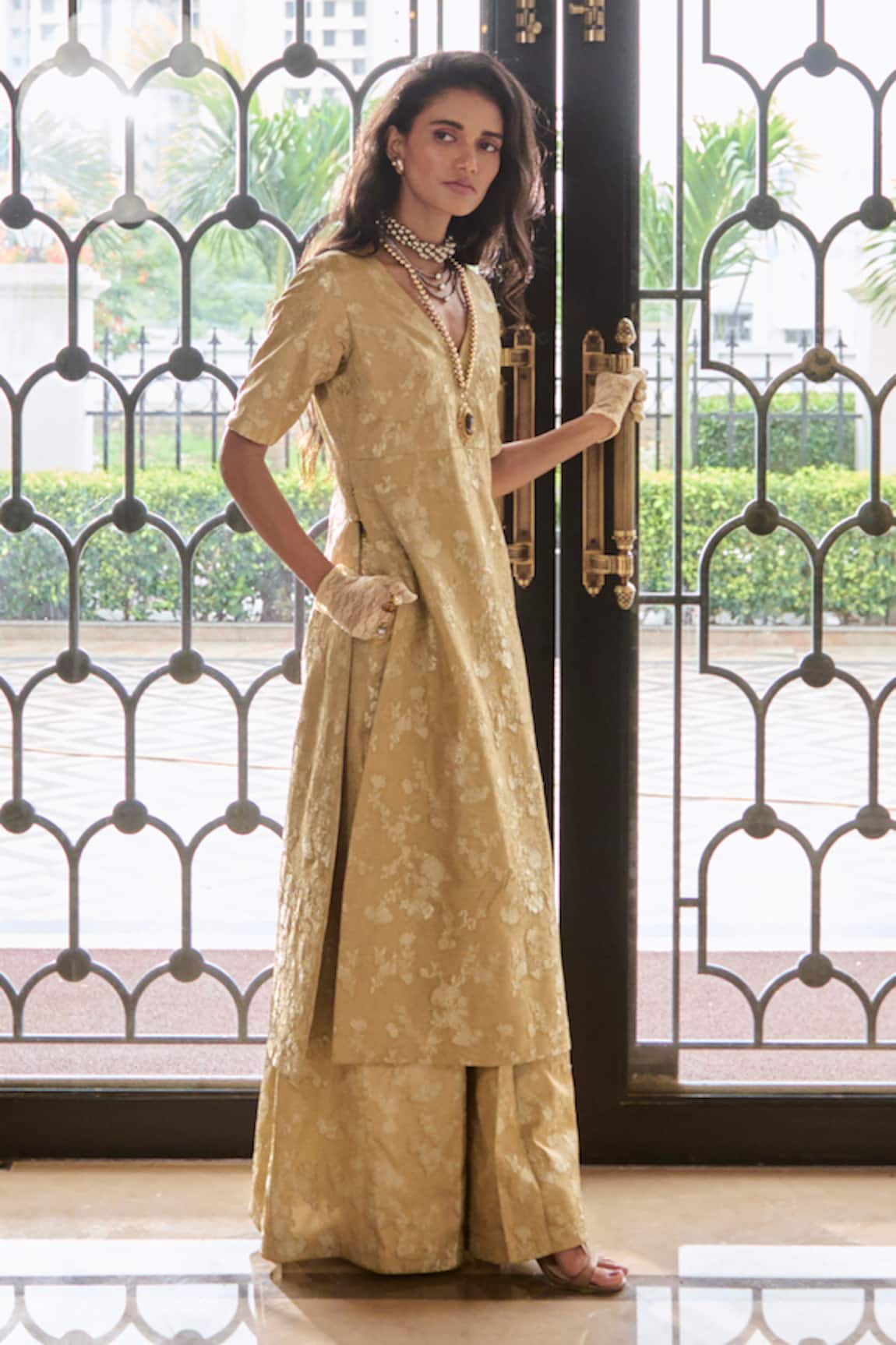 Paulmi And Harsh Chicory Beige Jacquard Kurta & Palazzo Set 