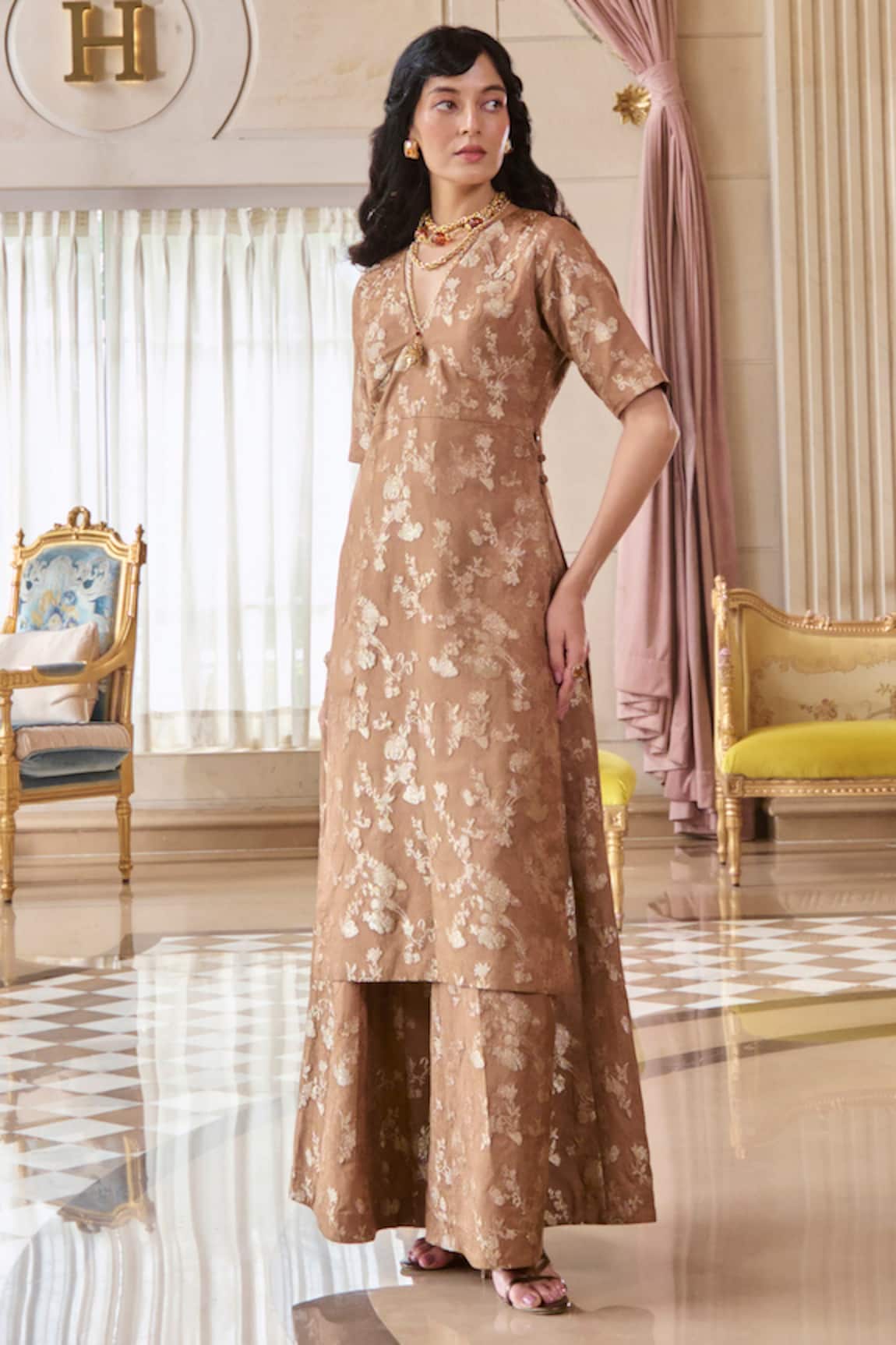 Paulmi And Harsh Mocha Brown Jacquard Kurta & Palazzo Set 