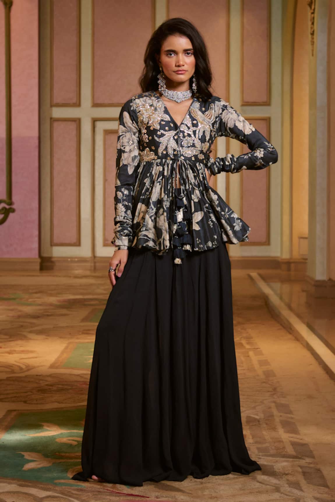Paulmi And Harsh Floral Peplum Top & Palazzo Set 