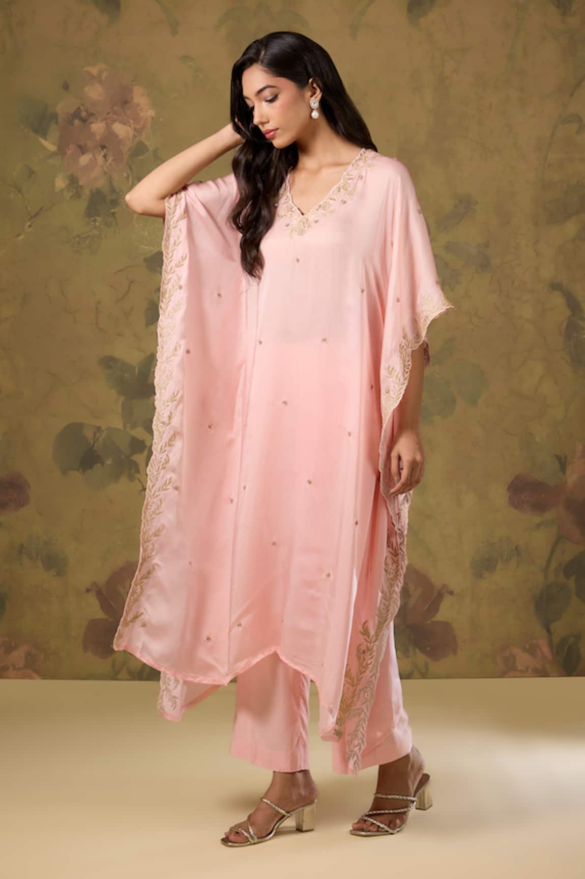 House Of TA-YA Peach Gold Zari Embroidered Kaftan Set 