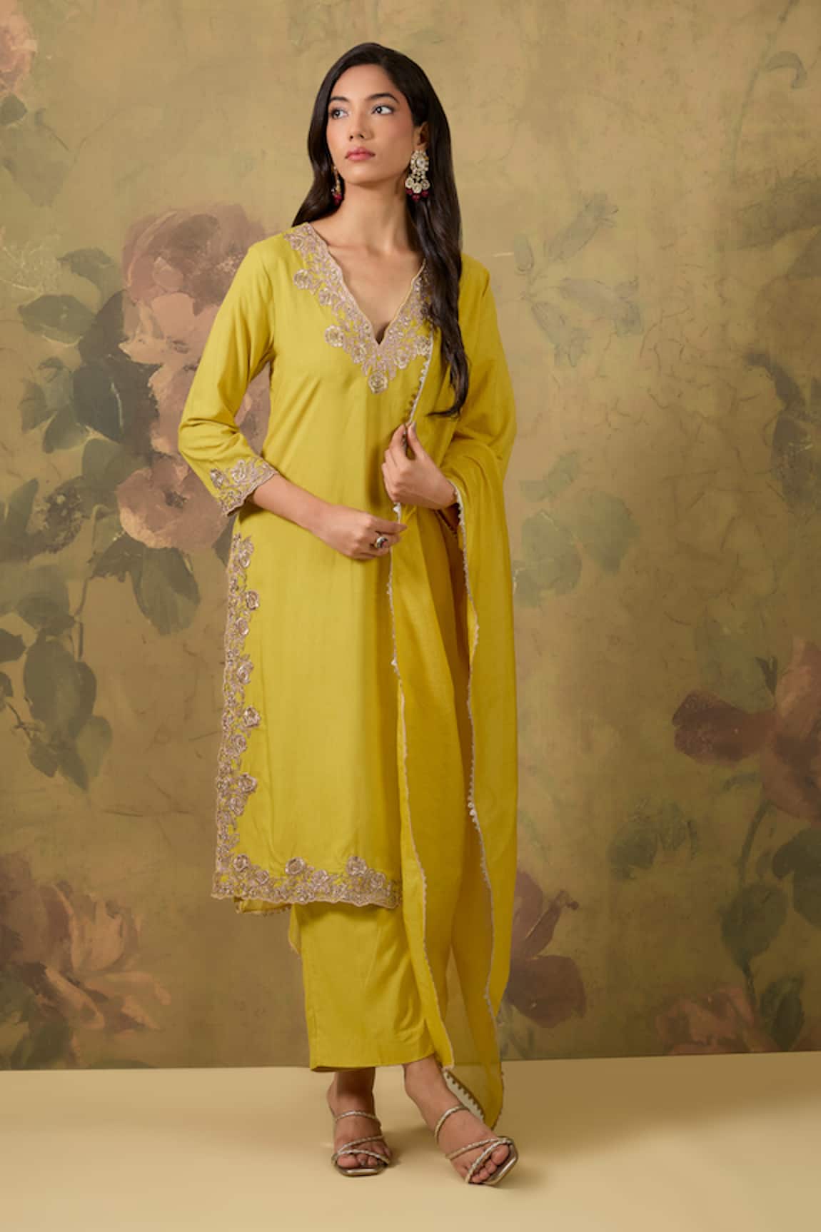 House Of TA-YA Yellow Gold Zari Embroidered Kurta Set 
