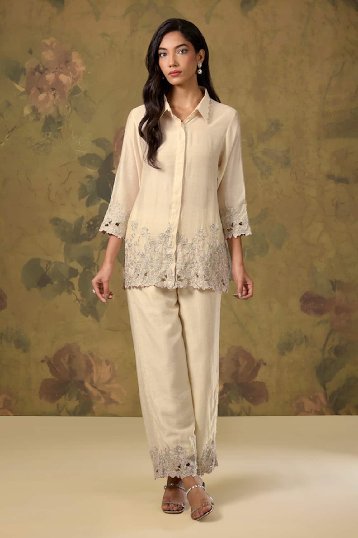 House Of TA-YA Chanderi Gold Zari Embroidered Top & Pant Set 