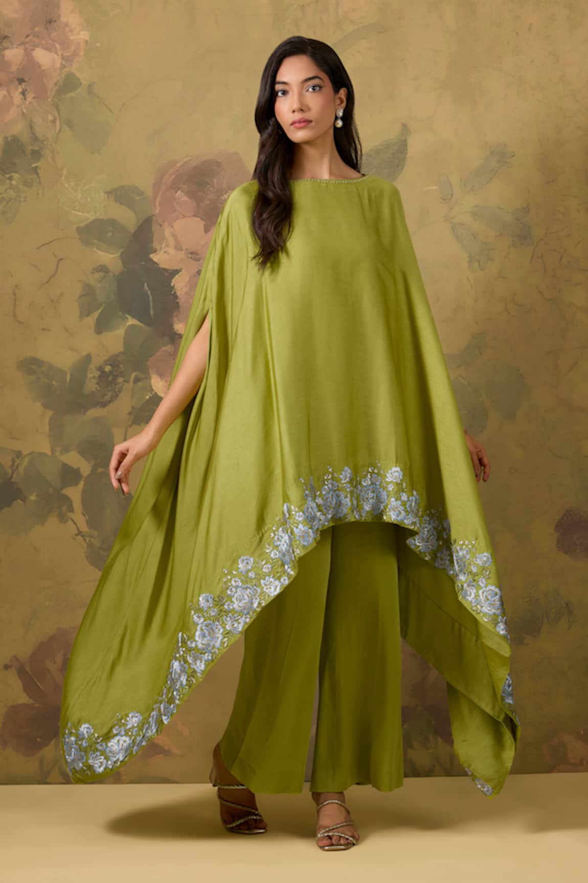 House Of TA-YA Green Resham Embroidered Kaftan & Pant Set 