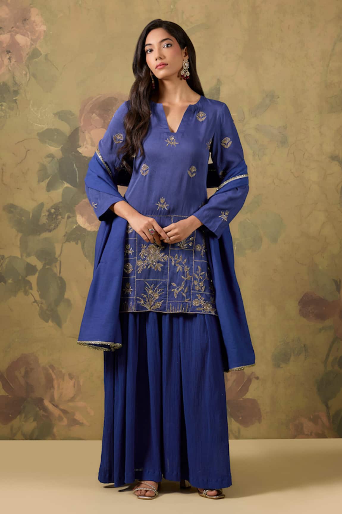House Of TA-YA Zari Embroidered Blue Kurta Sharara Set 
