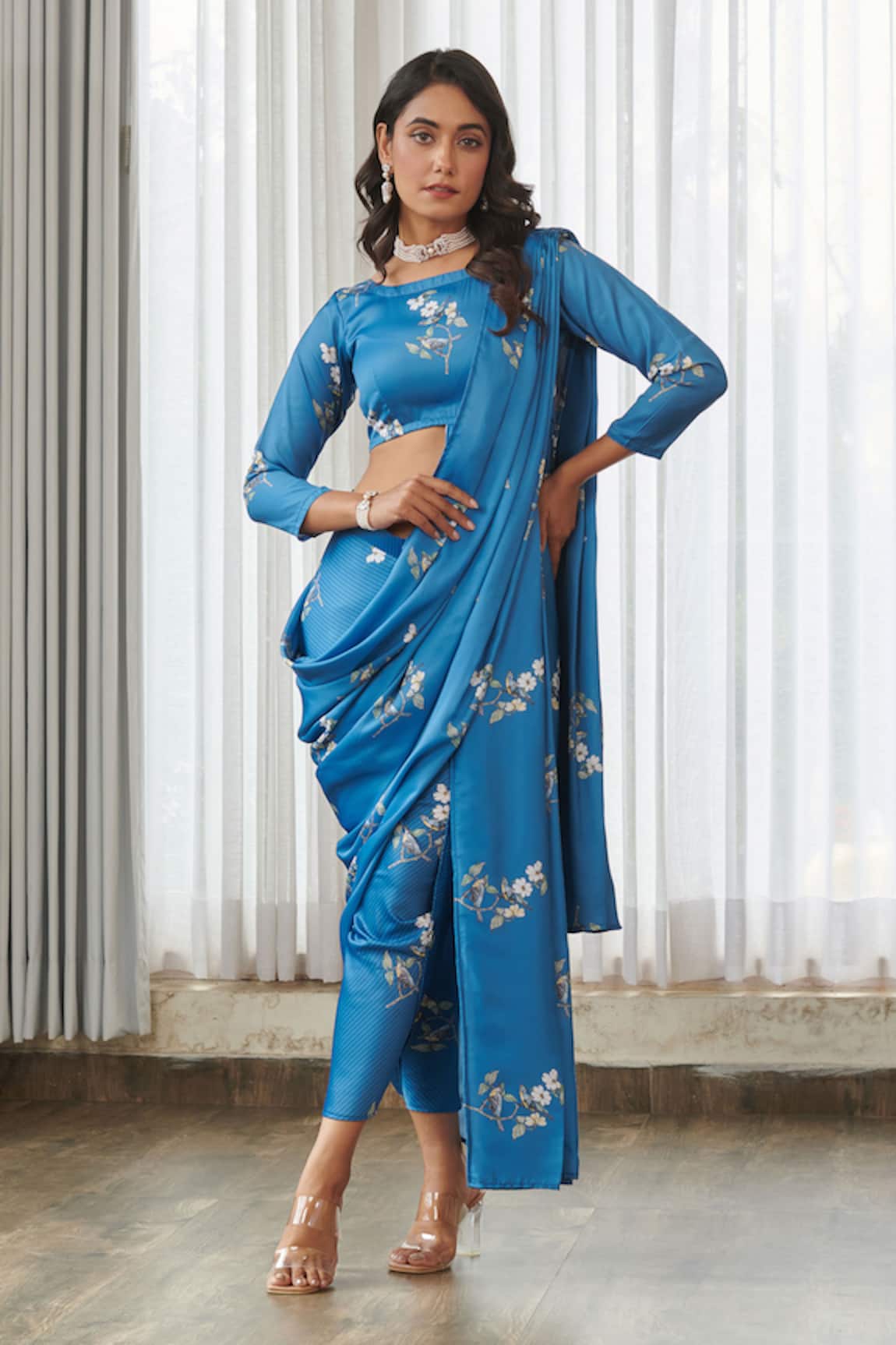 Pasha India Indra Blue Dhoti Pant Saree With Blouse 