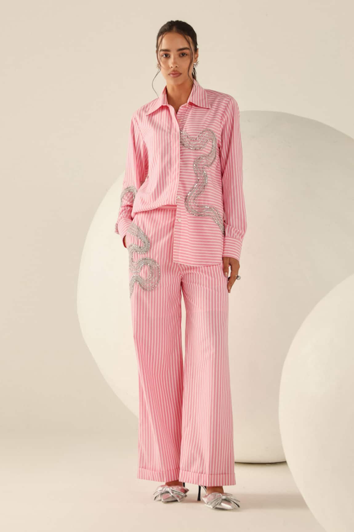 House Of Zeniaa Audrey Pink Striped Button-Up Co-ord Set 