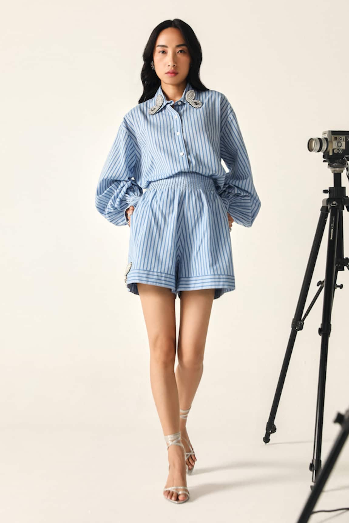 House Of Zeniaa Daphne Embellished Collar Blue Striped Set 