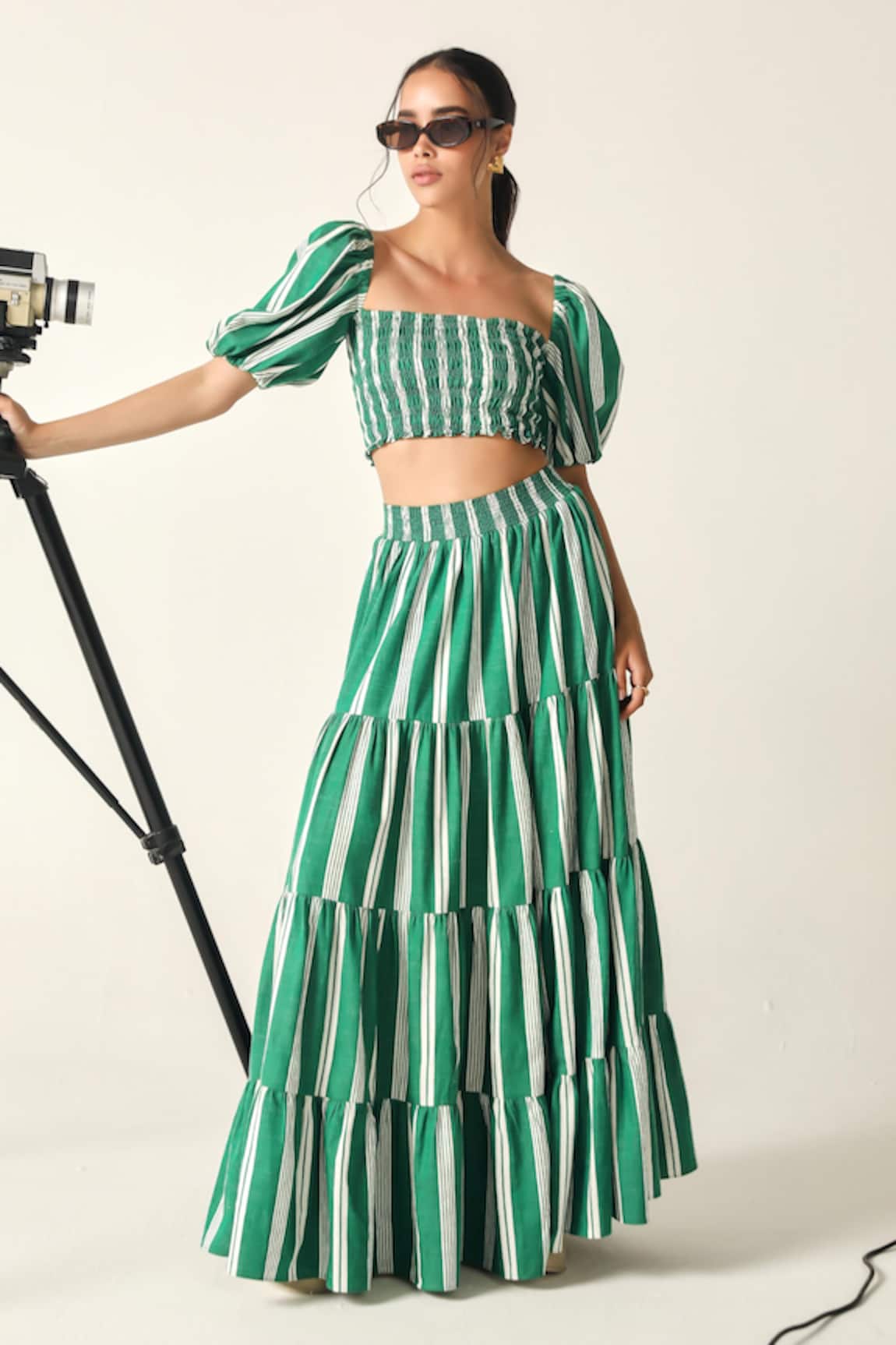 House Of Zeniaa Hazel Green Striped Crop Top & Maxi Skirt Set 