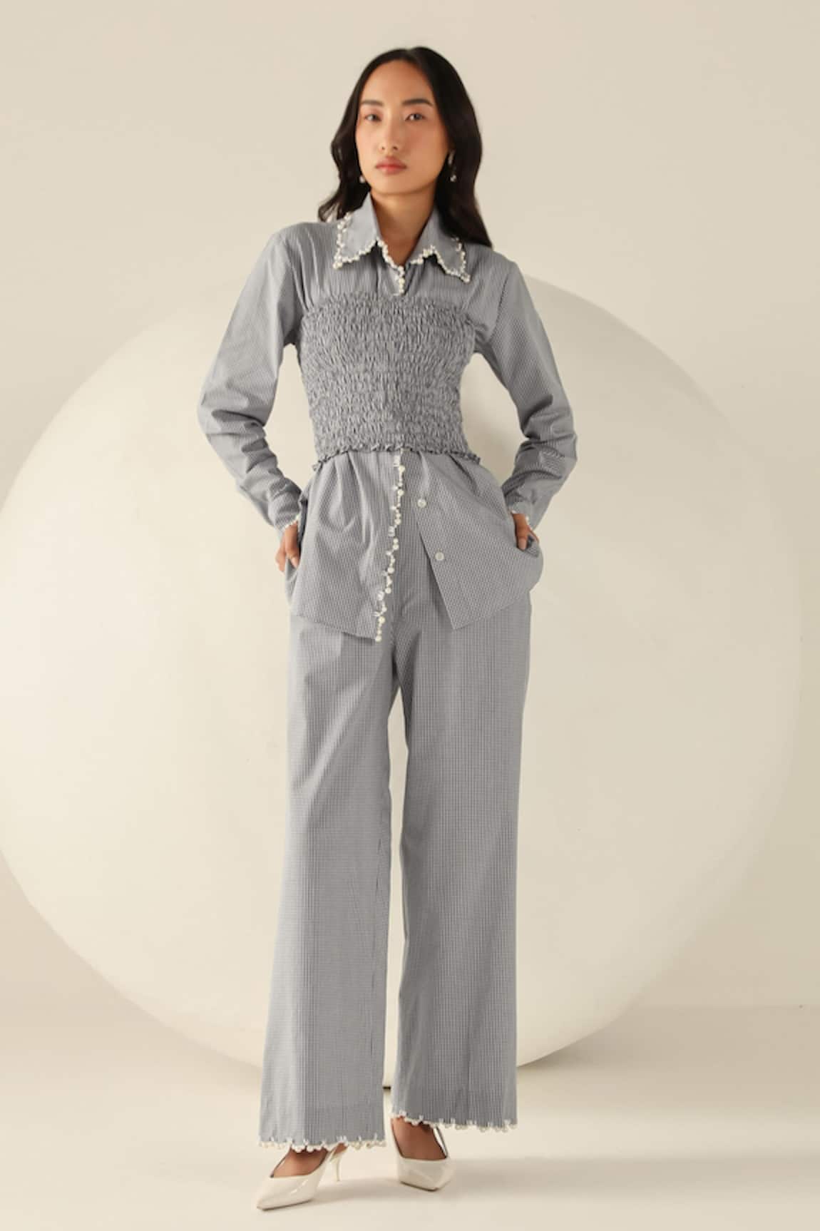 House Of Zeniaa Blue Cotton Checks Carrie Pant Set 