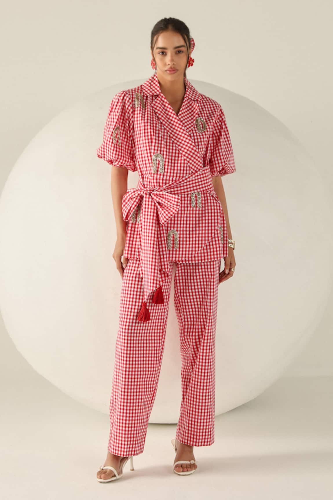 House Of Zeniaa Red Gingham Riley Pant Set 