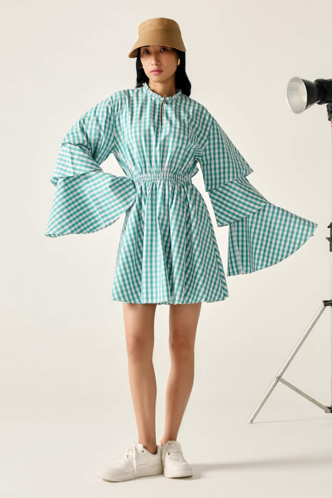 House Of Zeniaa Betty Green Checkered Layered Bell Sleeve Dress 