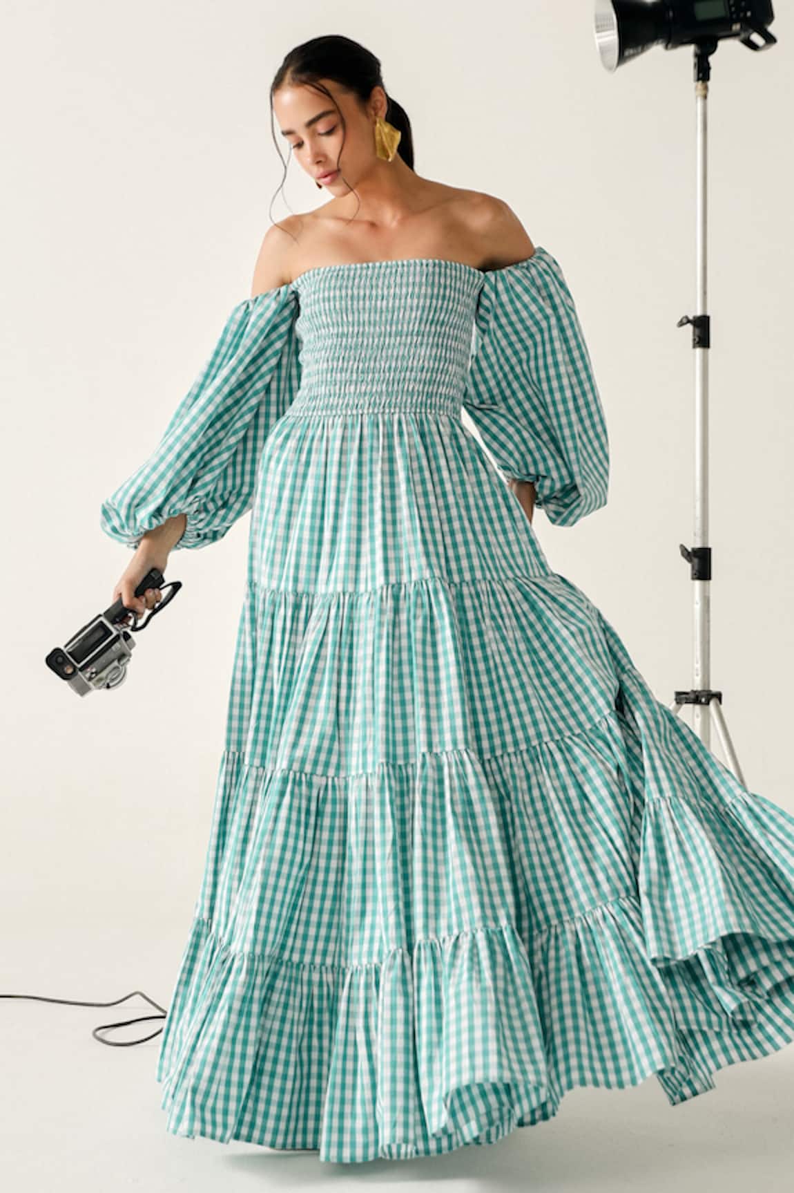 House Of Zeniaa Beth Green Gingham Off-Shoulder Maxi Dress 