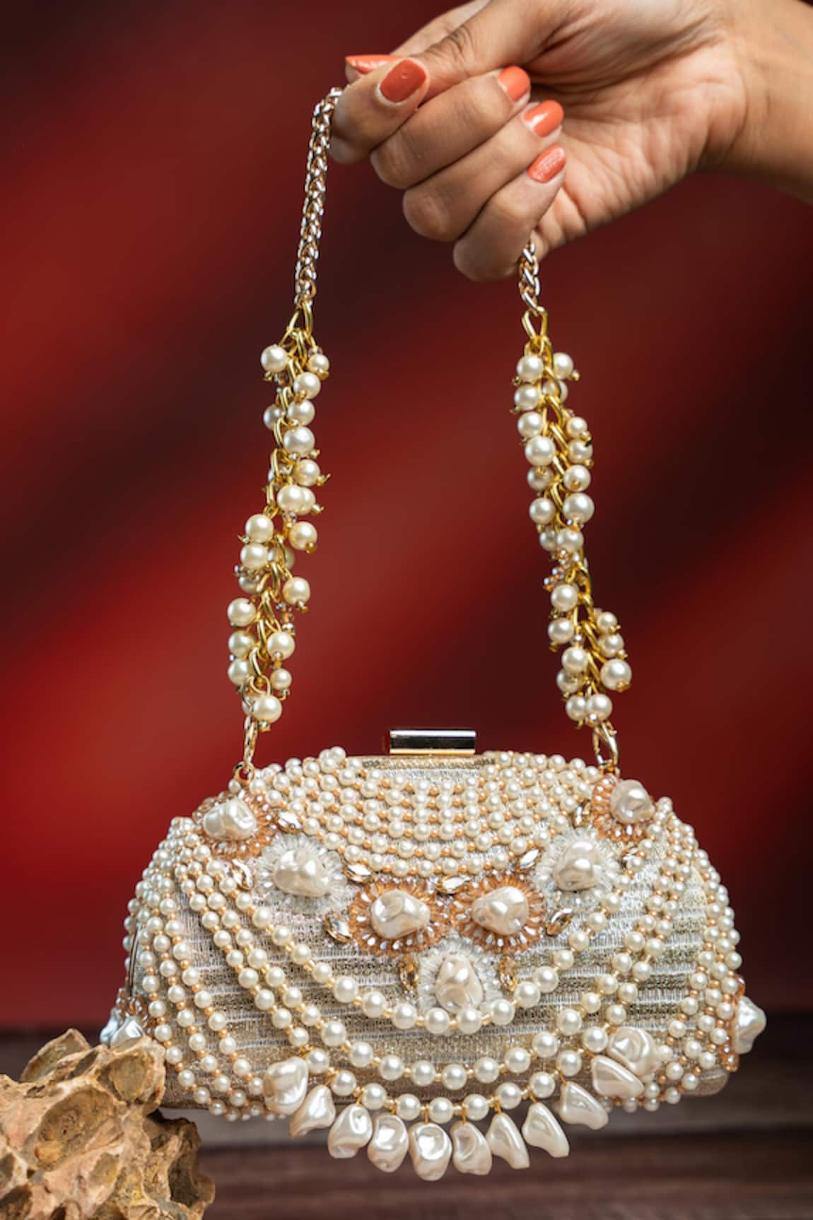 Nayaab By Sonia Pearl Adorn Kasse Gold Clutch 