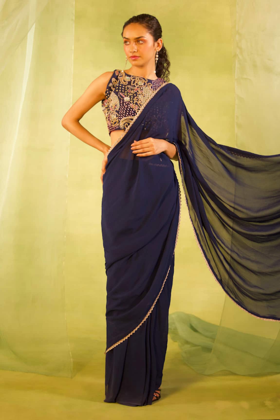 Radha Sharma Hand Embroidered Pre-Draped Saree With Blouse 
