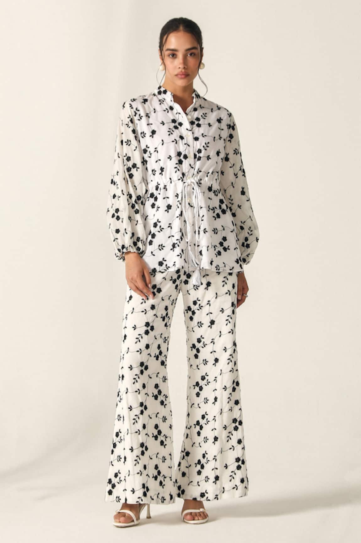 House Of Zeniaa Floral Print Cotton Schiffli Sage Set 