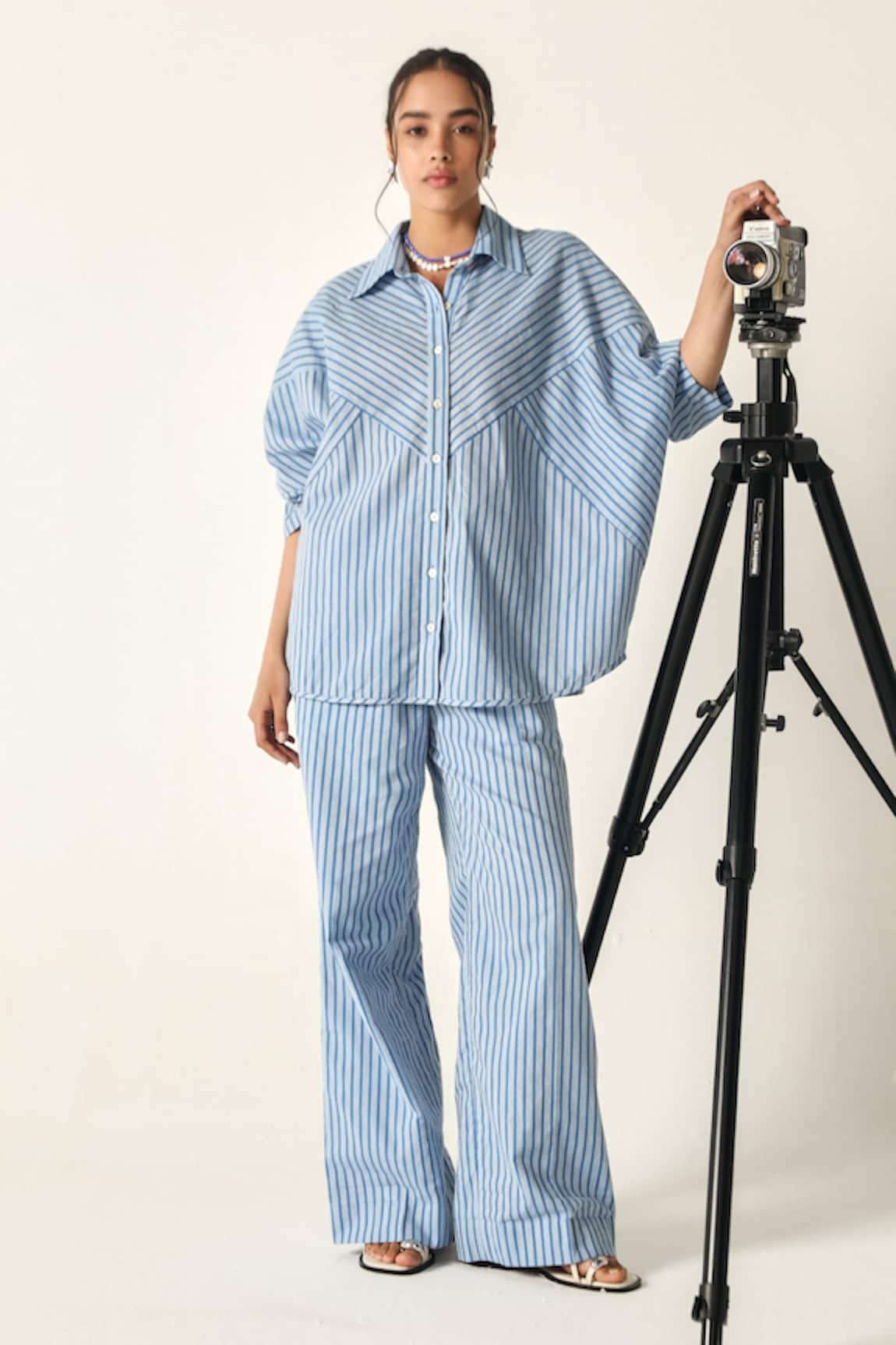 House Of Zeniaa Sophia Blue Striped Cotton Co-ord Set 