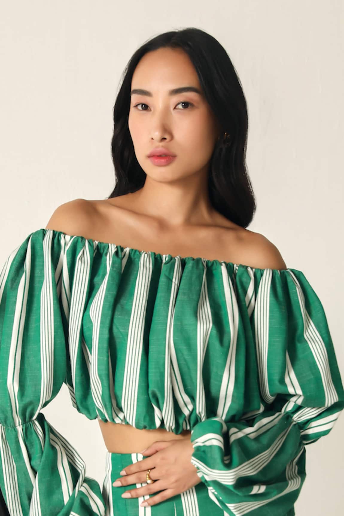 House Of Zeniaa Willow Green Striped Off-Shoulder Crop Top 