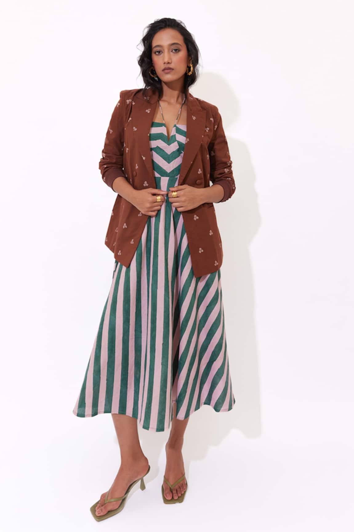 Aapro Wisteria Hand Block Printed Dress & Blazer Set 