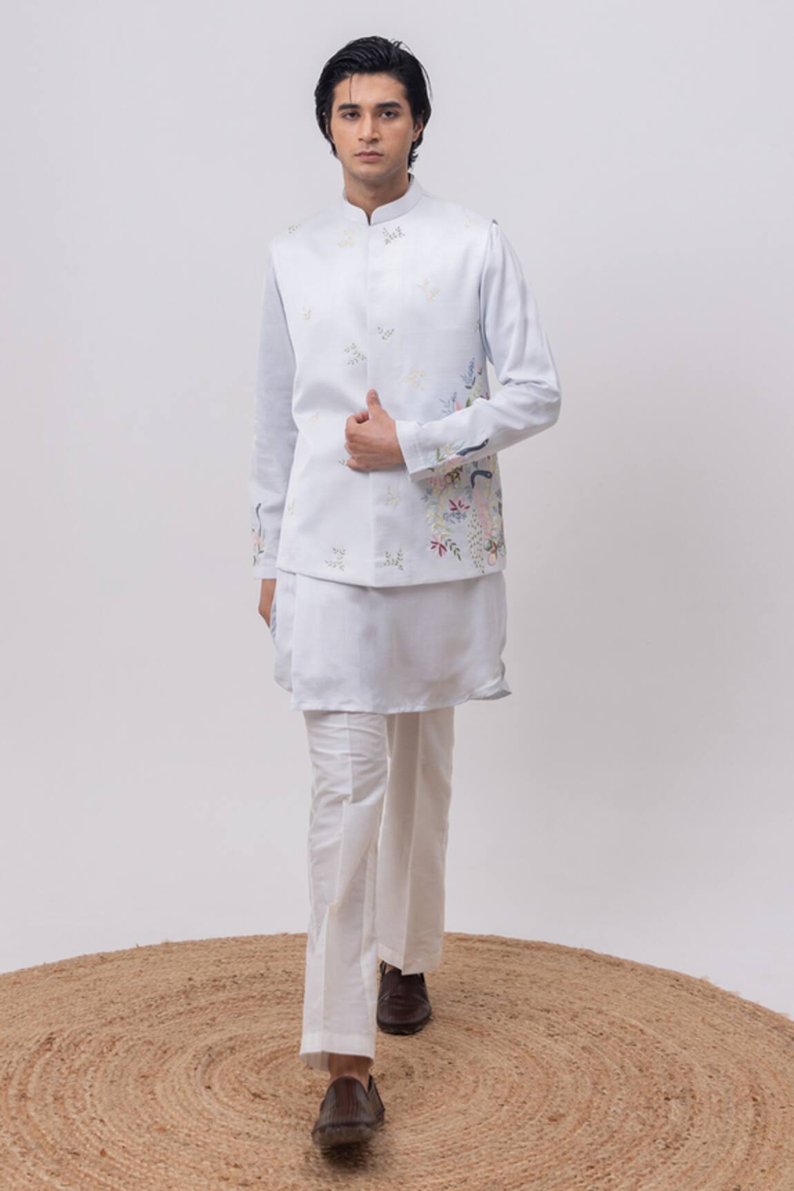 Kaka Calcutta Swan Nehru Jacket With Kurta & Pant Set 