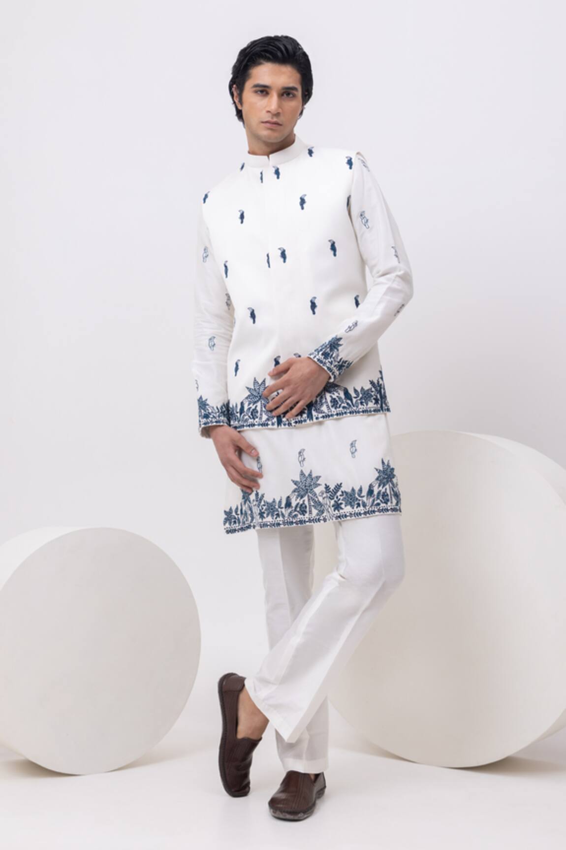 Kaka Calcutta Macaw Nehru Jacket With Kurta & Pant Set 