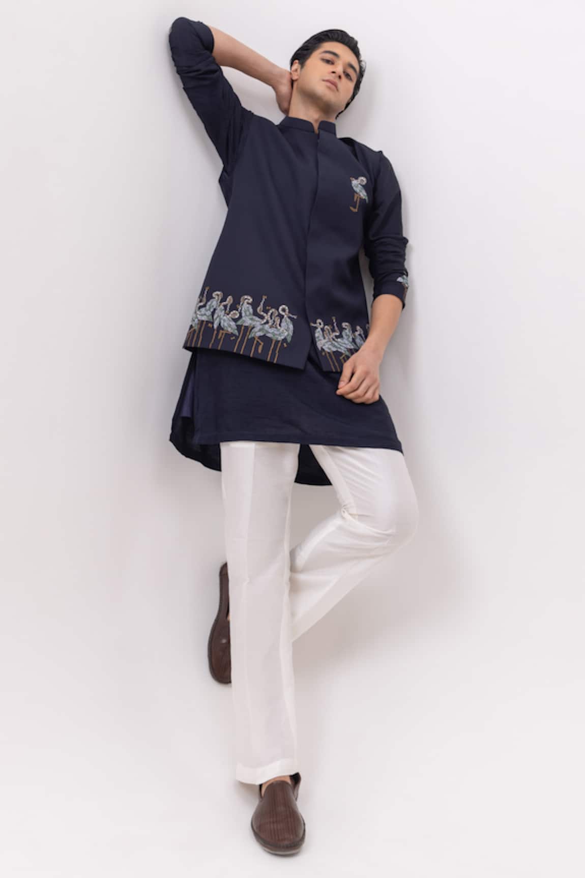 Kaka Calcutta Flamingo Nehru Jacket With Kurta & Pant Set 