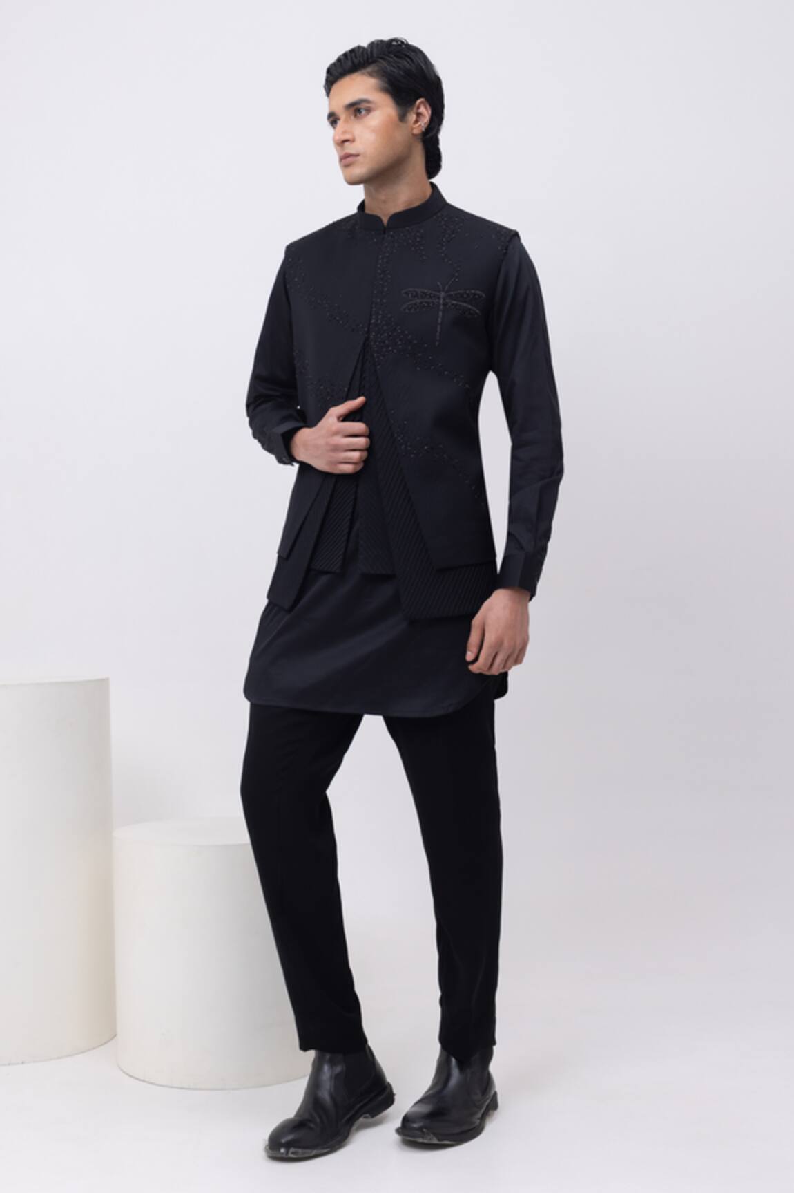 Kaka Calcutta Firefly Trio Pintuck Nehru Jacket With Kurta & Pant Set 