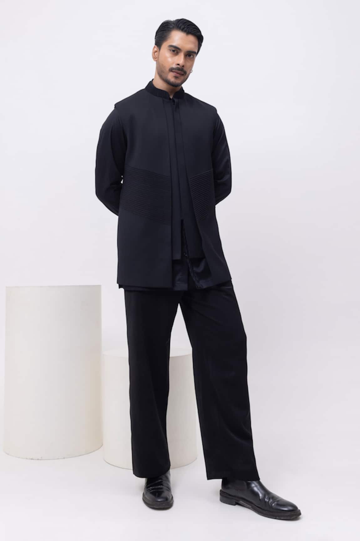 Kaka Calcutta Pintuck Panel Nehru Jacket With Kurta & Pant Set 