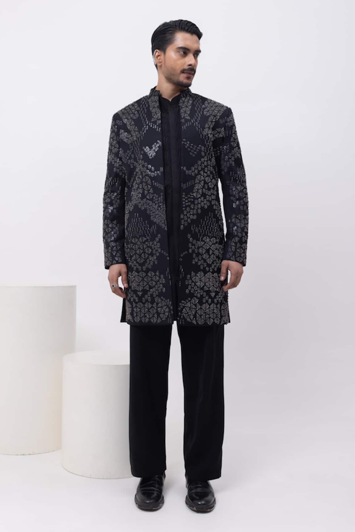Kaka Calcutta Metallic Midnight Sherwani Jacket Set 
