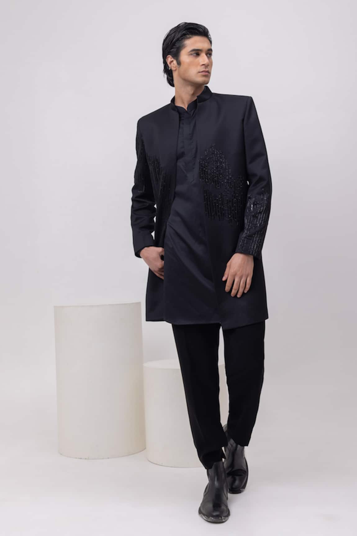 Kaka Calcutta Cable Threads Sherwani Open Jacket Kurta Set 