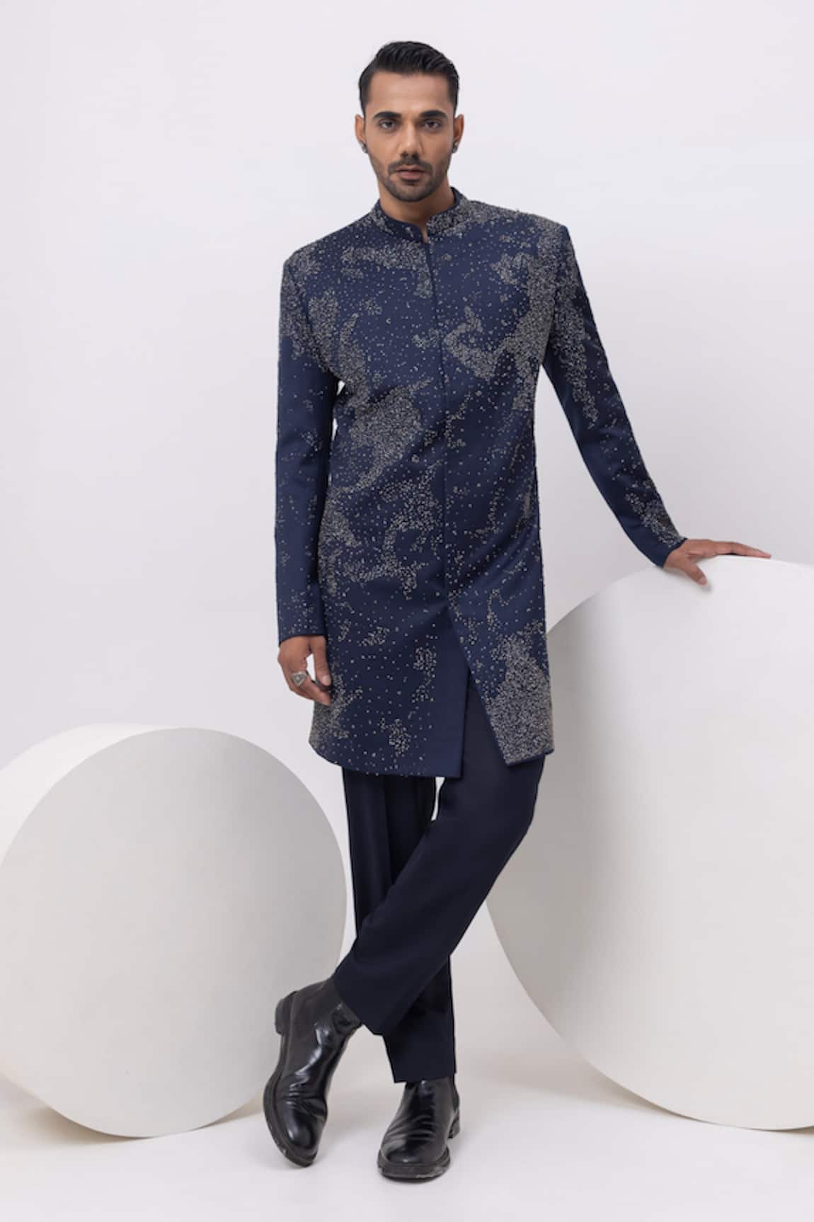 Kaka Calcutta Starry Night Long Achkan Sherwani And Trouser Set 