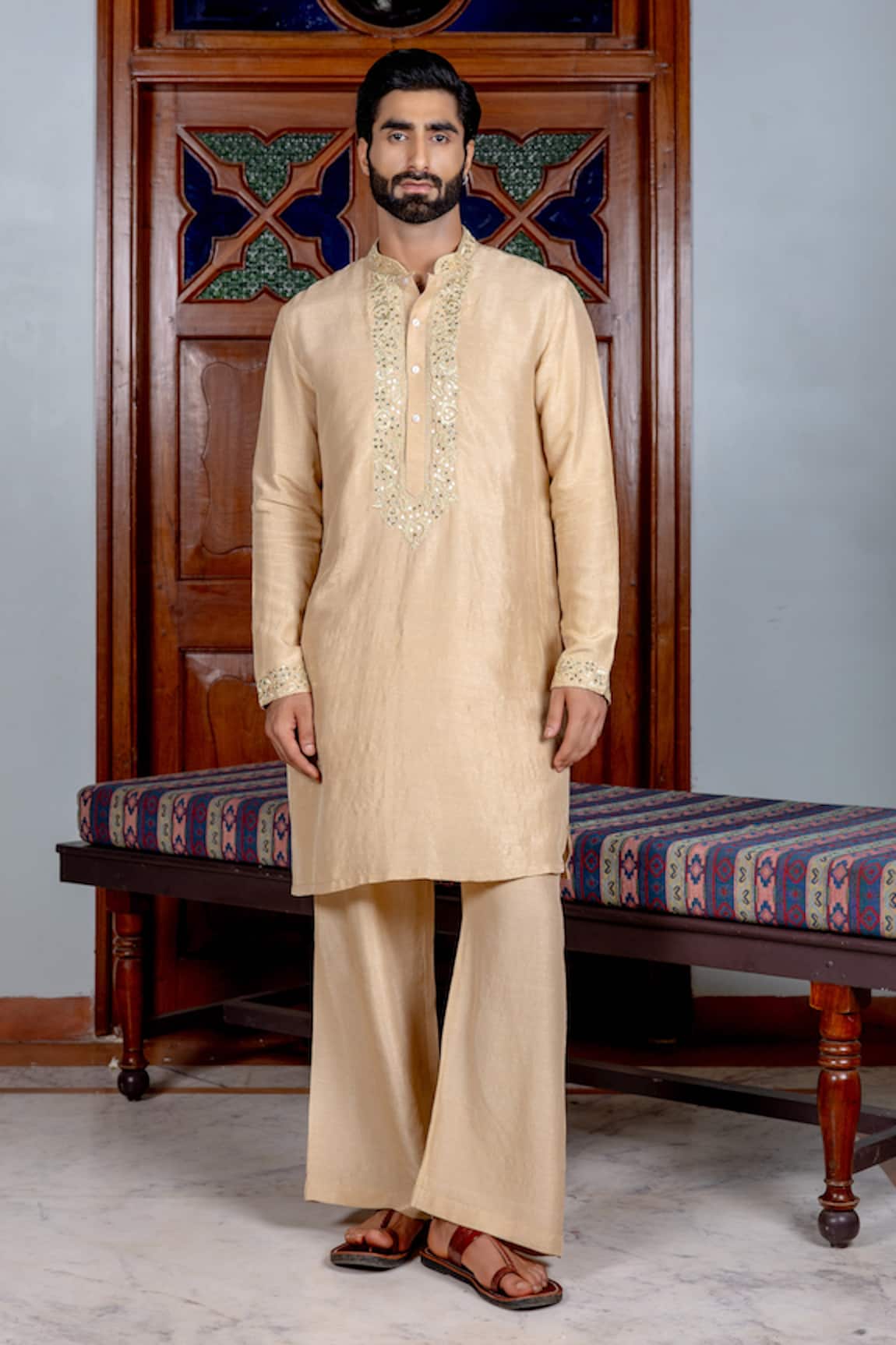 Nafs Beige Tussar Silk Kurta & Pant Set 