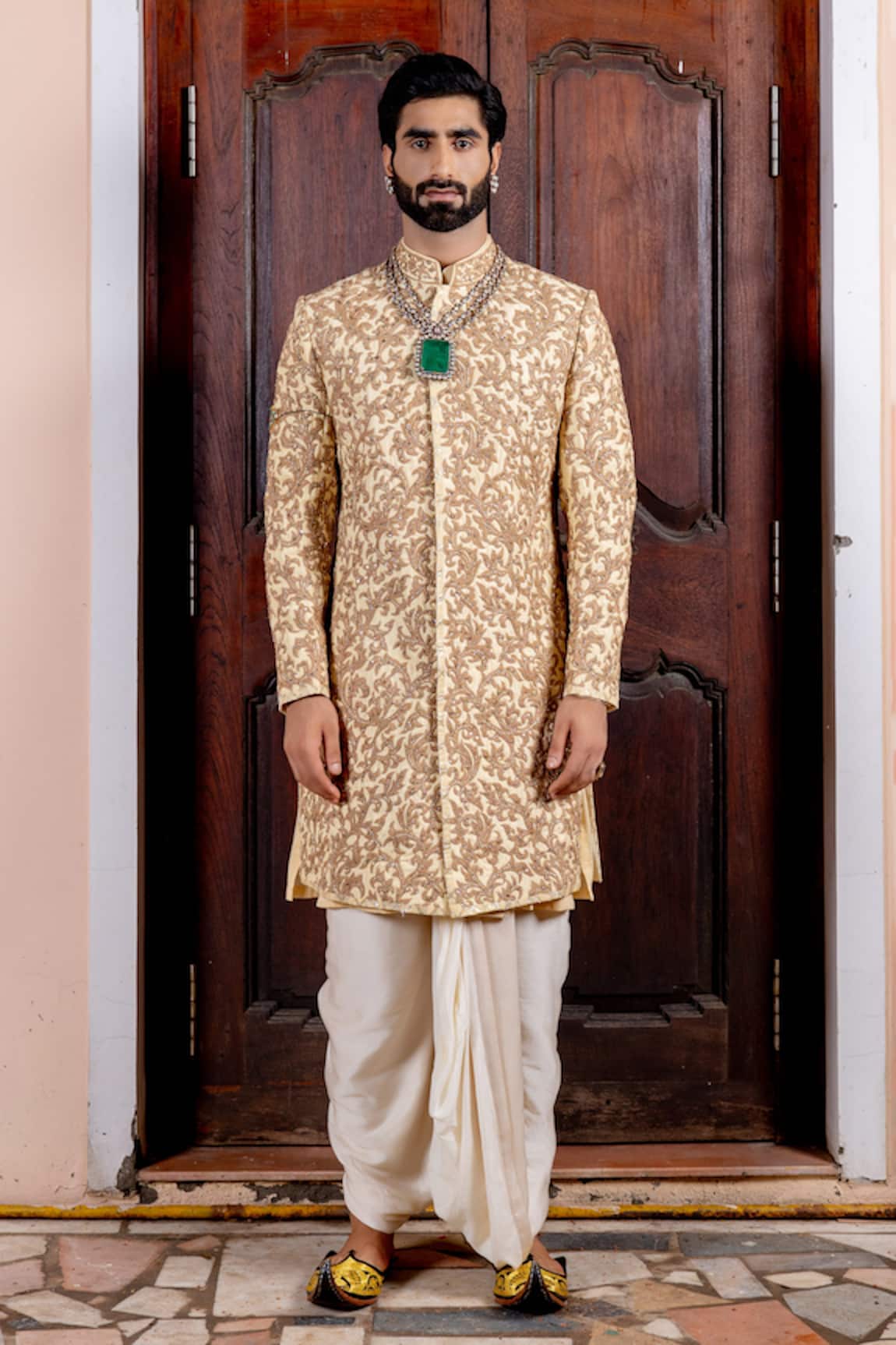 Nafs Beige Tussar Silk Sherwani & Dhoti Pant 