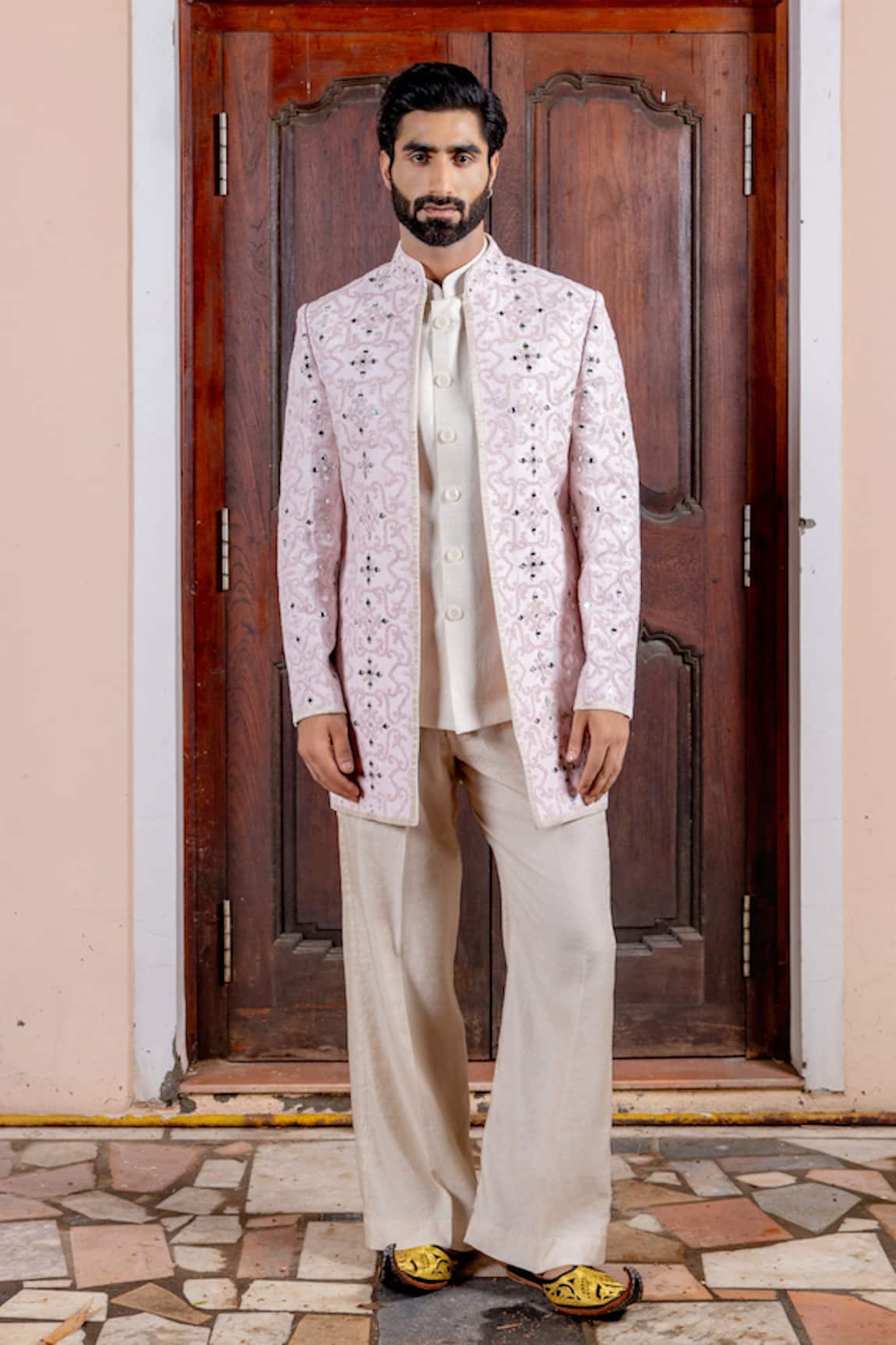 Nafs Pink Tussar Silk Jacket & Bundi Set 