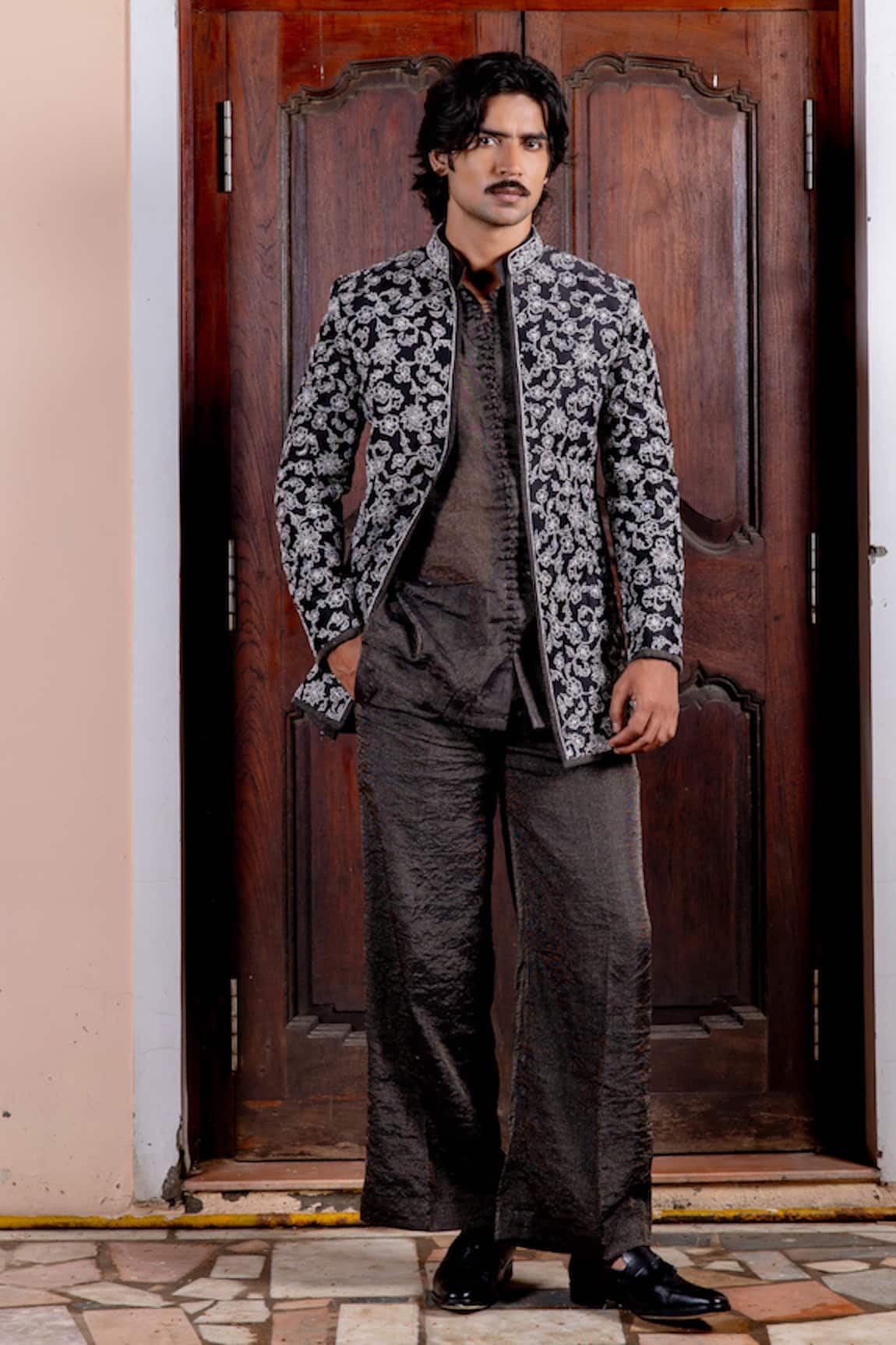Nafs Black Tussar Silk Jacket Set 