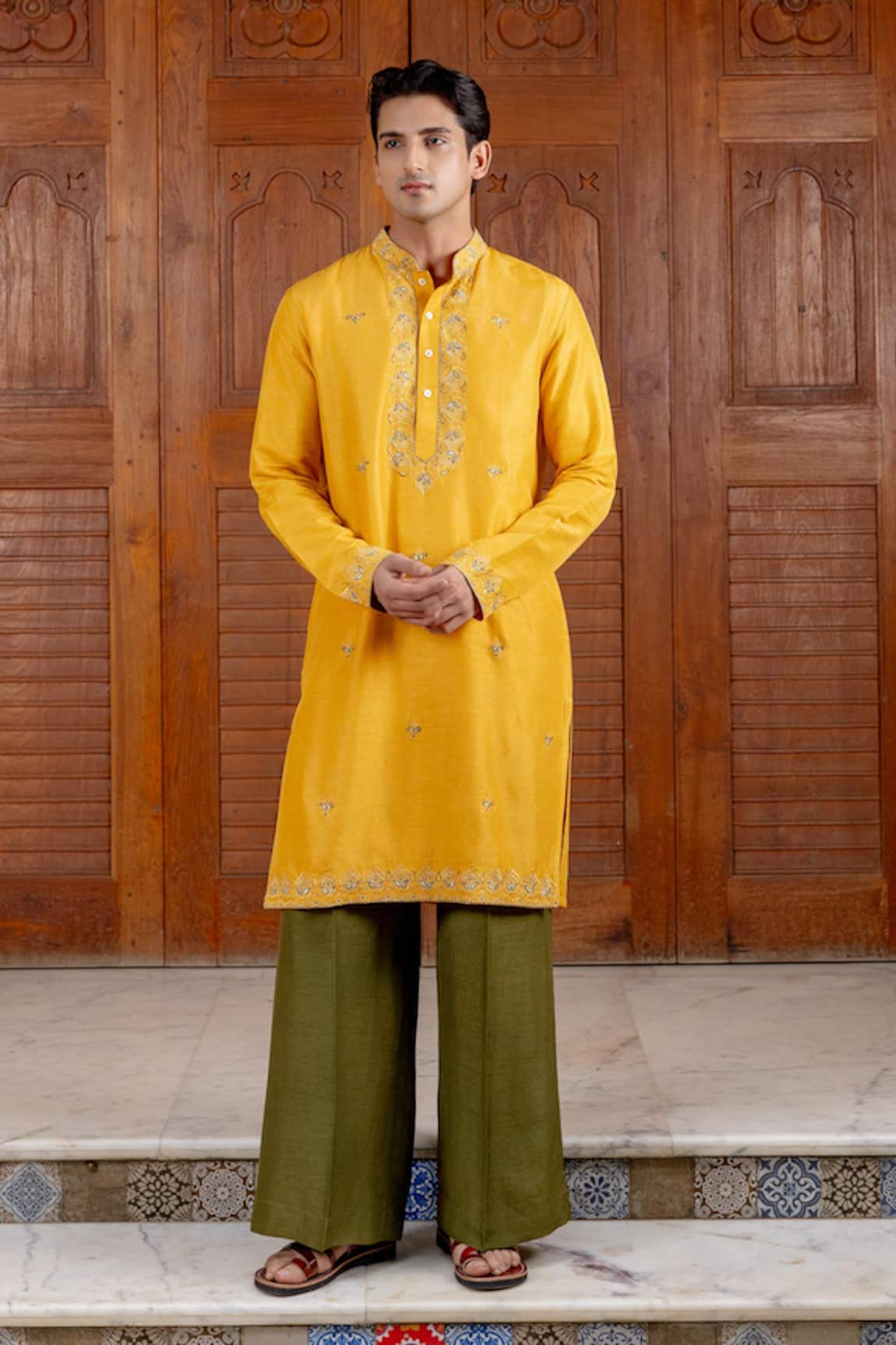 Nafs Amber Yellow Tussar Silk Kurta Set 