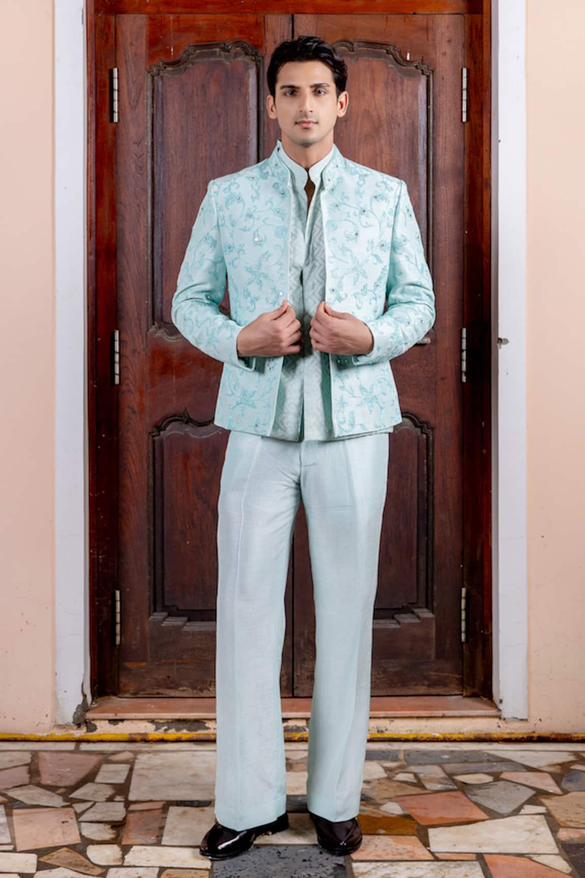 Nafs Sky Blue Tussar Silk Bandhgala Set 