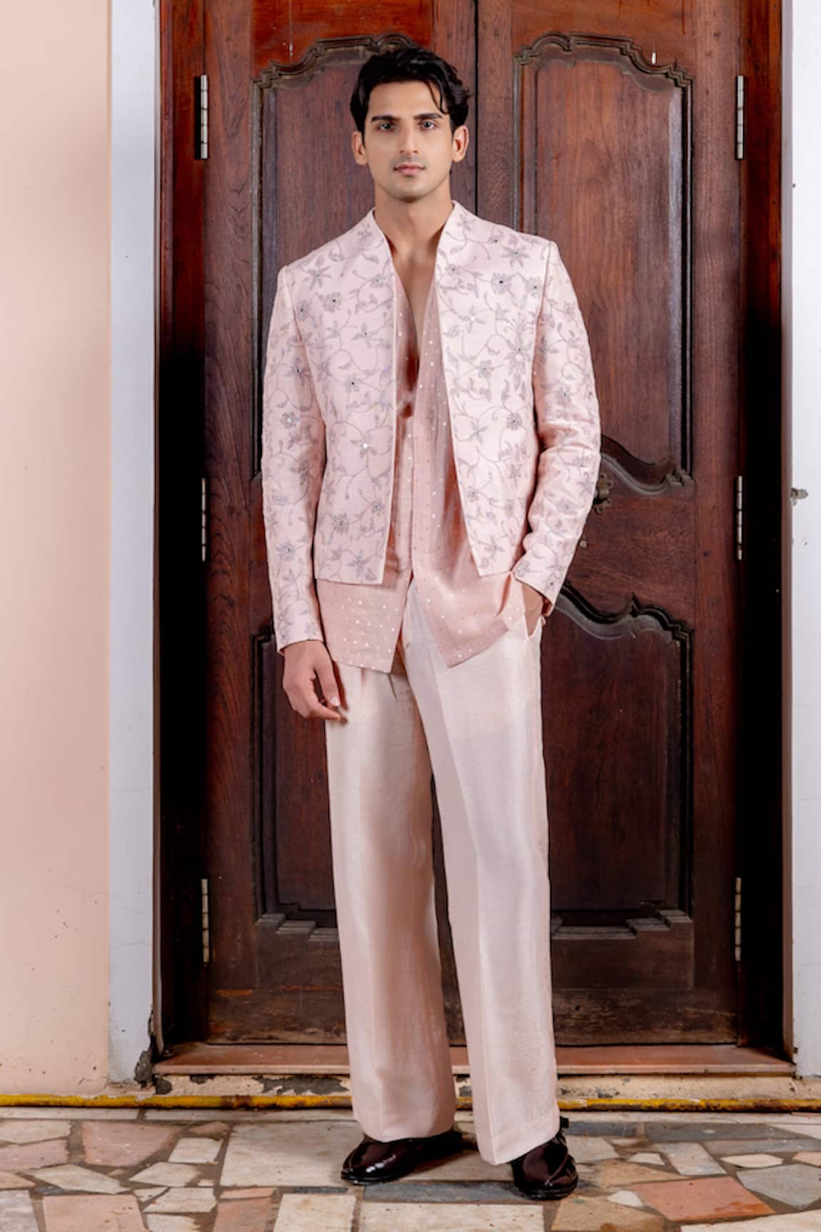 Nafs Peach Tussar Silk Bandhgala Set 