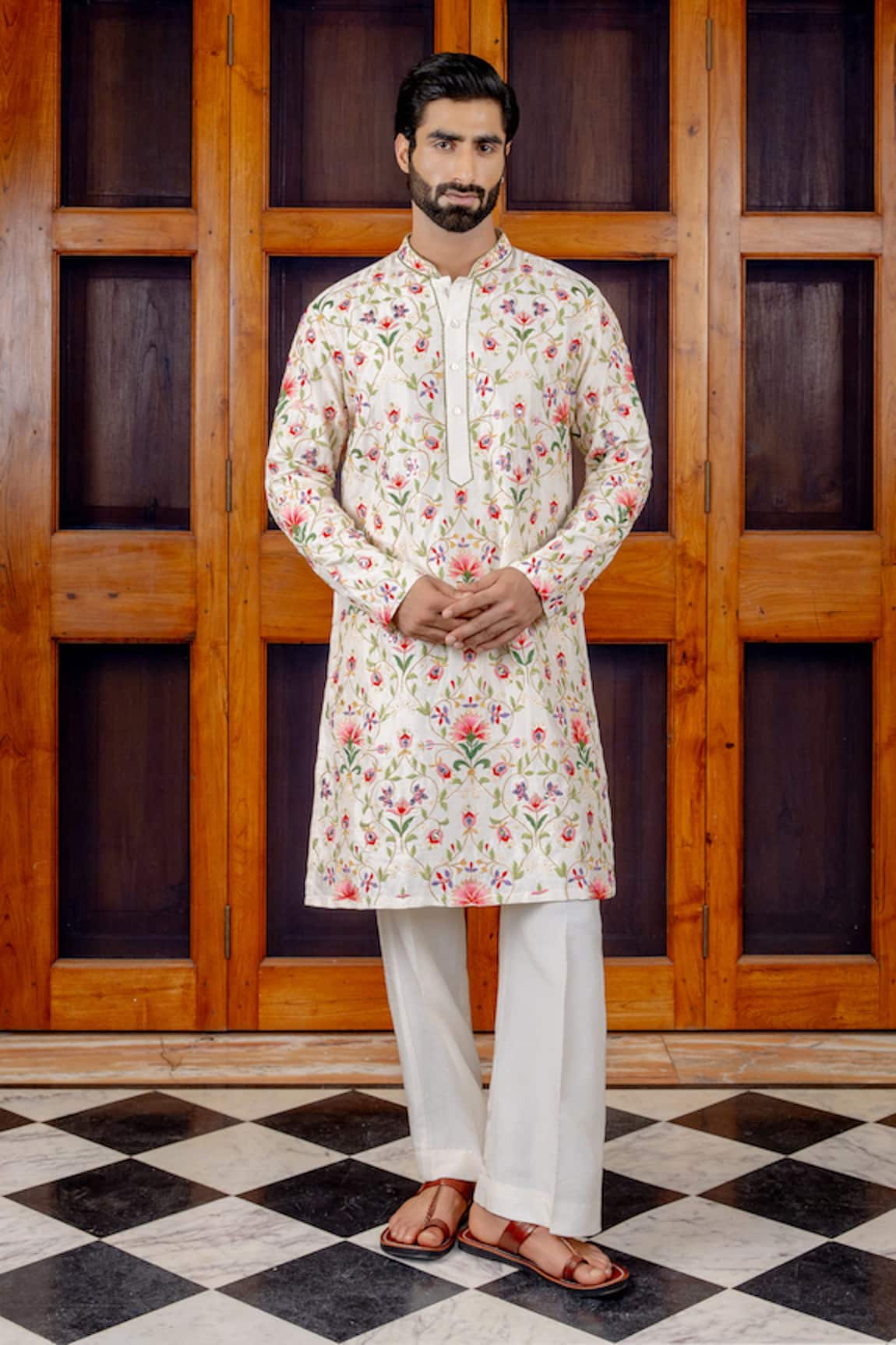Nafs Floral Jaal Tussar Silk Kurta & Pant Set 