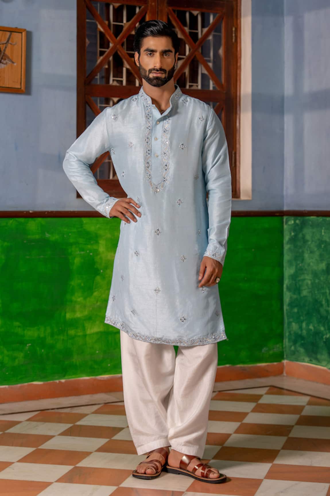 Nafs Sky Blue Tussar Silk Kurta & Pant Set 