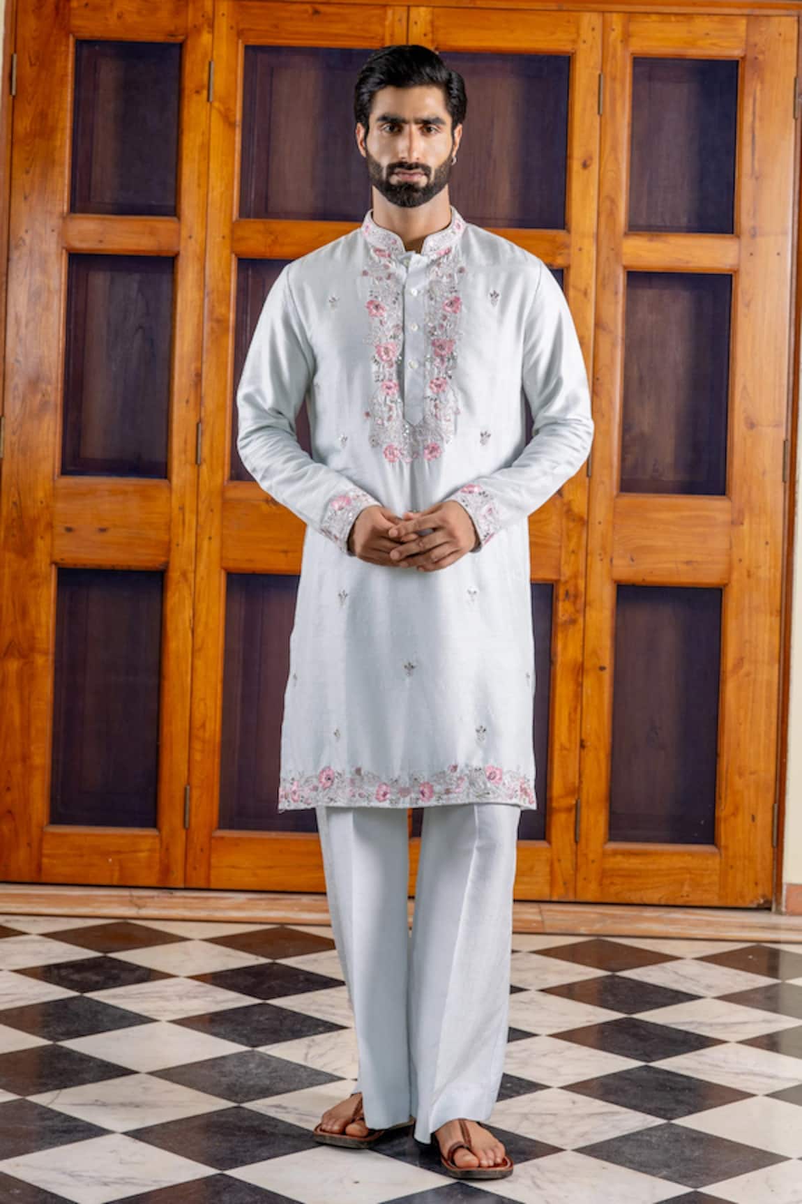 Nafs Sky Blue Tussar Silk Kurta Pant Set 