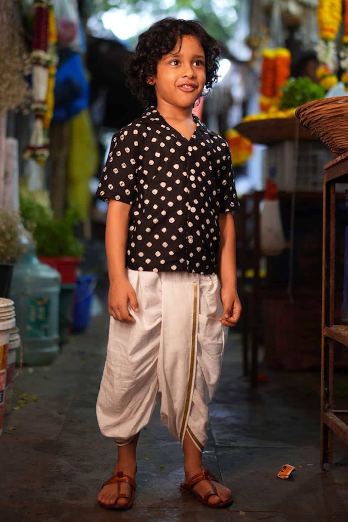 Love The World Today Tara Black Bandhani Shirt & Off White Dhoti Pant Set 
