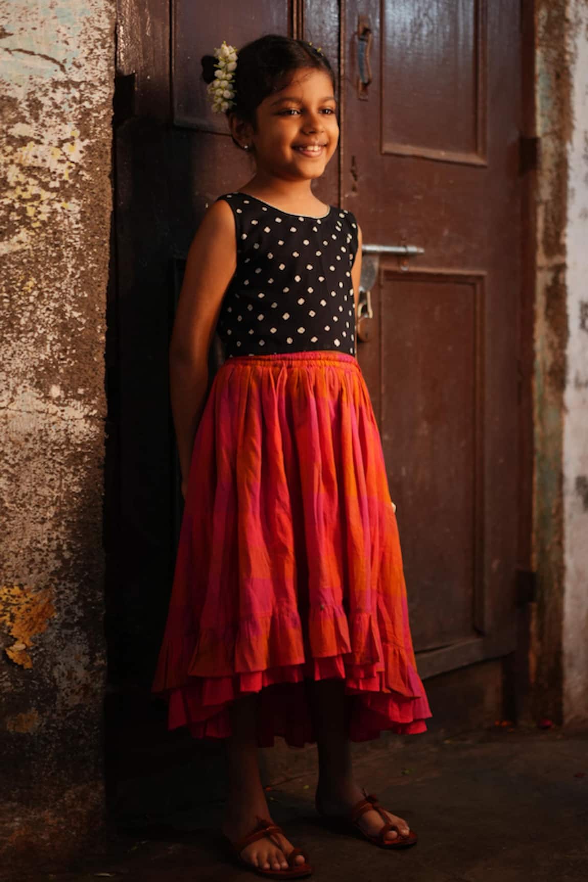 Love The World Today Laddoo Black Bandhani Top & Checkered Lehenga Set 