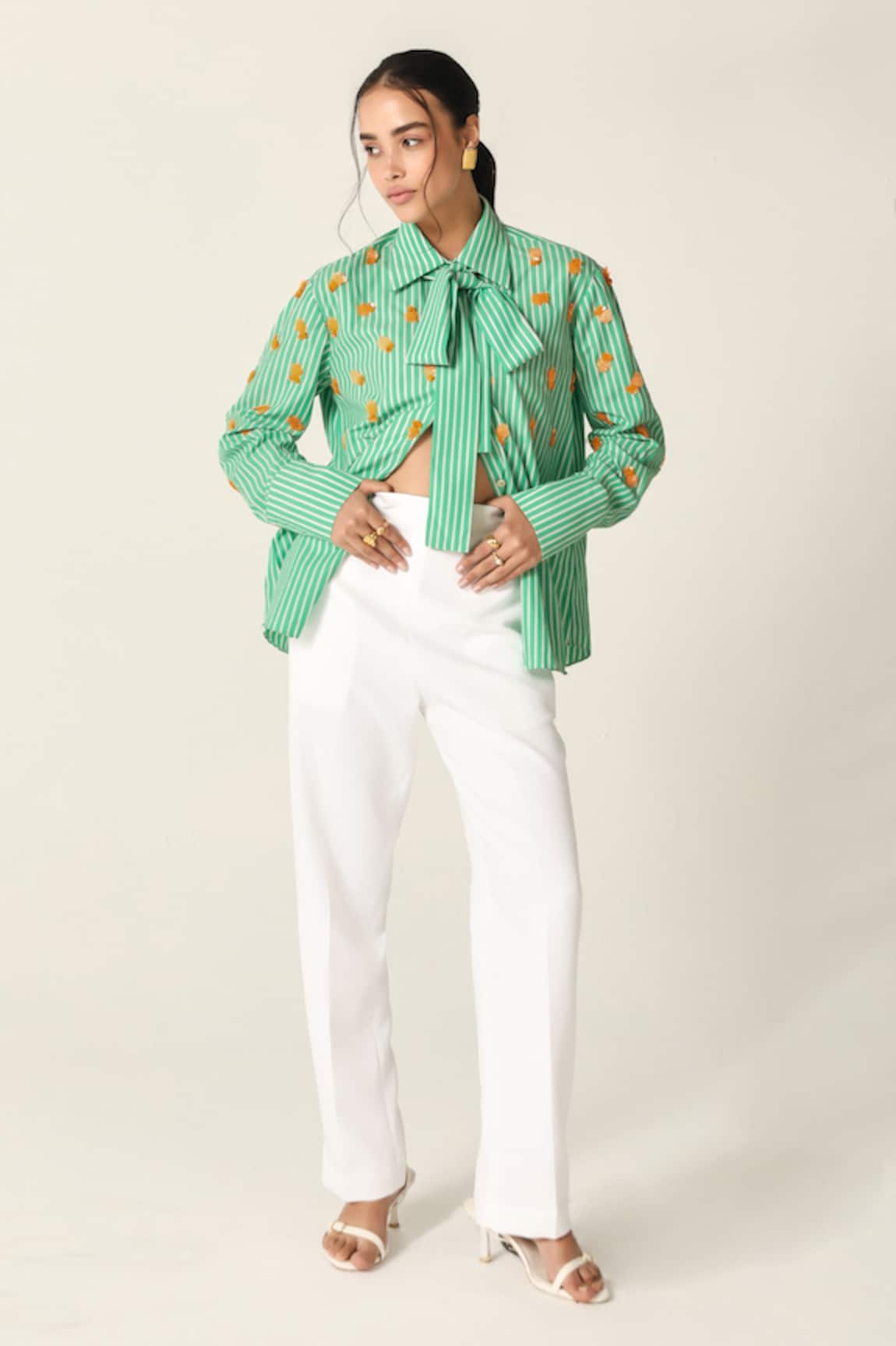 House Of Zeniaa Ava Mint Green Striped Bow Tie Shirt 