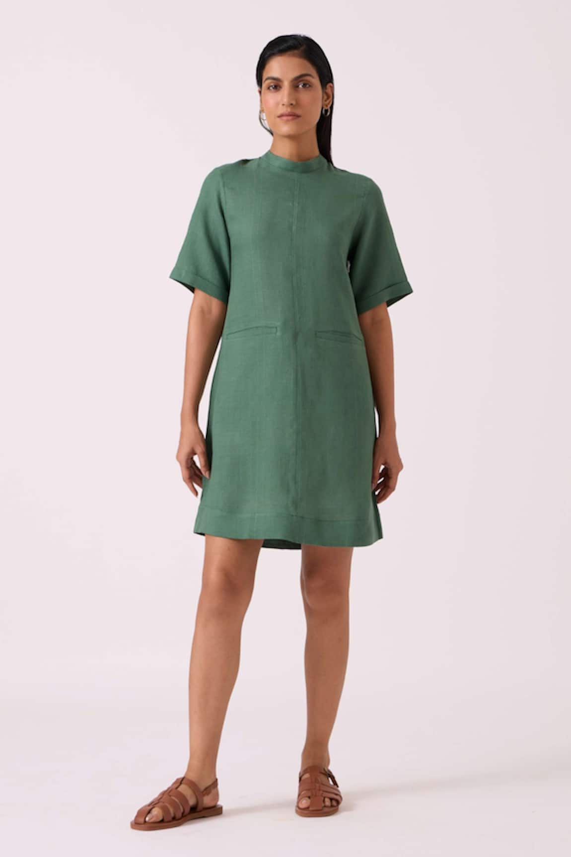 The Summer House Tula Green Linen Shift Dress 